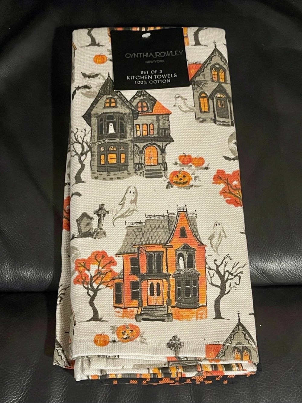 Cynthia Rowley Halloween Haunted House Kitchen Towels - Orange, Gray & Black